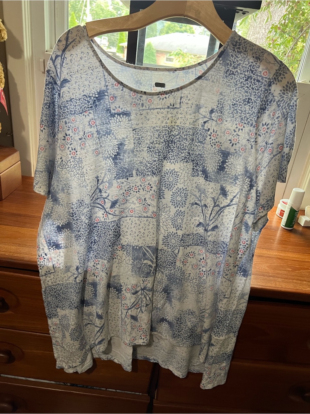 J. Jill Blue and Pink Patchwork Floral Short Sleeve Top